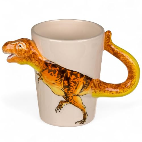 MIJOMA Dinosauriemugg set – 3D-handtag mugg av dolomit, ca 300 ml, barnkopp med dino-motiv, handmålad, keramikkopp för pojkar och flickor (T-Rex)