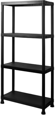 BLOOM BLENDS 4 Tier Plastic Storage Shelf Unit – Durable Freestanding Shelving – Heavy Duty, Easy Assembly for Home, Garage & Garden – in Black