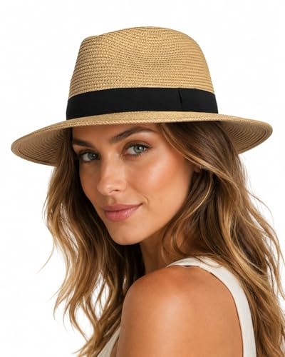 Zylioo Oversized Straw Panama Sun Hat for Big Heads, Wide Brim UV Protection Summer Fedora Hat, Beach Travel Outdoor Hat