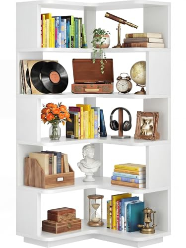 iSunirm Estantería de esquina de 5 niveles, estantería en forma de L para esquinas, estantería moderna de pie y estantería para archivos para sala de estar, dormitorio y oficina, estantería de madera