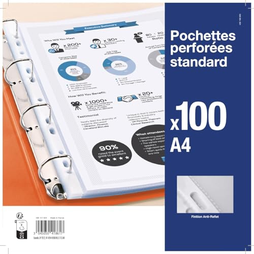 100 Pochettes Plastiques A4 Perforées anti-reflet pour usage régulier