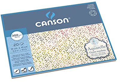 CANSON Aquarelle , Blocco per acquerelli, collati 4 lati, 31 x 41 cm, 20 fogli 300g/m2 grana ruvida