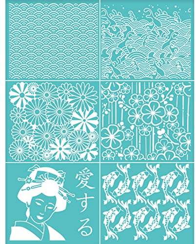 OLYCRAFT Plantilla de serigrafía autoadhesiva de estilo tradicional japonés con diseño oriental transferencia de malla de seda para pintar en bolsas de tela de camiseta de madera 280 x 220 mm