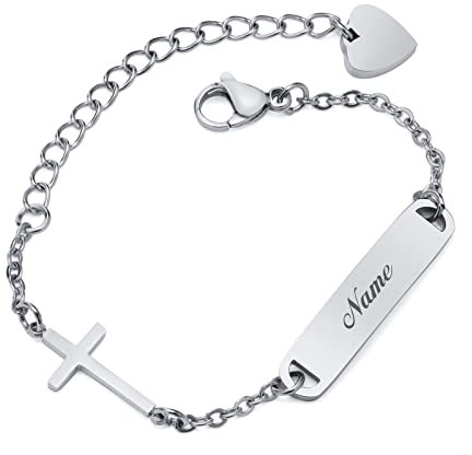 Baby Kind Armband mit Gravur Edelstahl Personalisierte Armbänder Tochter|Gravierbare Kinderarmkette|Taufarmband Junge Mädel| Kreuz Charme Name Babyarmband Taufgeschenke(Silber)