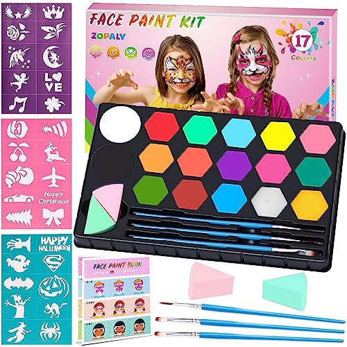 ZOPALY Kinderschminke Set Fasching, Schminke Kinder 17 Größere Kapazität Schwarz-Weiß, Schminkebücher, Schablonen - Face Paint Geschenk für Faschingsschminke Kinder Karneval& Halloween