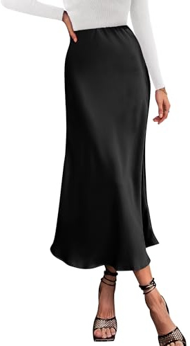 BTFBM 2026 Summer Womens Skirts Silk Elegant High Waist Flowy Long Satin A-Line Midi Skirt Cocktail Wedding Party(Black, X-Large)