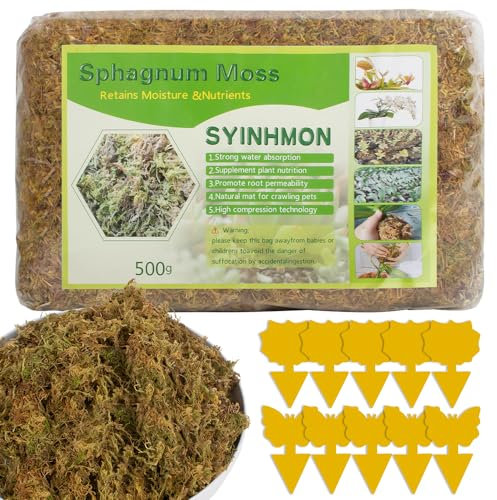 500g Sphaigne pour Plante, Naturelle Compressé Sphaigne pour Orchidées Mélange pour Pot avec Moucherons Jaunes Sphaigne Fraîche Compressée pour la Culture de Plantes à la Maison, Reptile (500g)