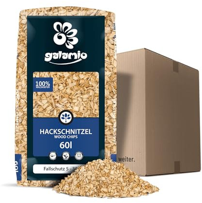 Holzhackschnitzel Fallschutz Natur Hackschnitzel Holzhäcksel Holzdekor Holzspäne Spielplatz Spielplatzbelag Garten Dekor Mulch Fein 5-30mm 60l Sack / 1 Karton Paligo