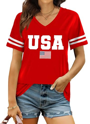 USA Shirts for Women American Flag T Shirt 4th of July T-Shirts USA Flag Print V Neck Patriotic Tops