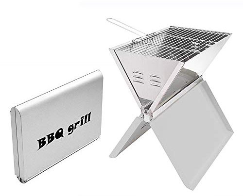 Tragbarer Klappgrill 1 Grill + 2 Roste,Edelstahl Holzkohlegrill,Campinggrill Gartengrill Grillen auf Reisen 36 x 24 x 39 cm Schwarz/Silber (Silber)
