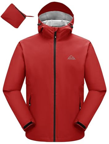 donhobo Herren Regenjacke Atmungsaktiv für Männer Wasserdicht Leicht Faltbare Regenmantel Outdoor Fahrrad Rain Windbreaker mit Kapuze (Rot, XL)