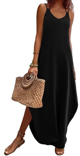 Zeagoo Summer Dresses for Women Black Maxi Dress Casual Spaghetti Strap Beach Vacation Maxi Long Dress Black M
