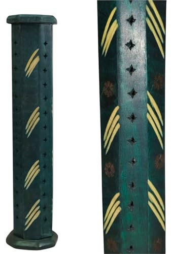 Rushant Wooden Incense Holder, Dark Brown Pyramid Tower with Ash Catcher, Sheesham Wood, 31x6.5x5.5 cm, for Cone and Stick Incense (Green Carved Tower)