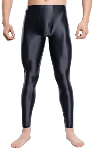 FEOYA Legging Huile Homme Collant Brillant Glossy Pantalon Étroit Pantalons de Sport Elastique Legging Clubwear Noir M
