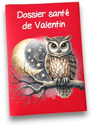 Protège Carnet de Santé Personnalisable, Motif Hibou Nocturne, 16,5 x 23,5 cm, PVC Souple (rouge)
