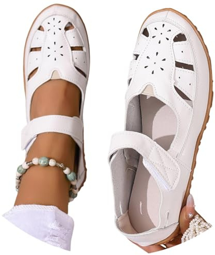 Generisch Sandales plates confortables avec soutien de la voûte plantaire Sandales décontractées à bout fermé pour femmes, Chaussures plates creuses larges, Sandales tendance, Blanc., Taille 40