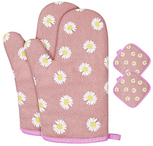 AUAUY Oven Mitts and Potholders, BBQ Gloves Heat Resistant (Daisy-Blue) | 1 Pair Oven Mitts and 2 Pot Holders, Cotton Non-Slip Cooking Gloves for Cooking Baking Kitchen Microwave Pizza