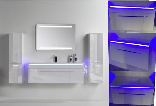 Faizee Möbel Hochglanz Badmöbel-Set mit LED-Spiegel, Soft-Close Unterschrank & Keramik-Waschbecken – erhältlich in 60 cm, 90 cm & 120 cm – inkl. 2 Seitenschränken (Weiß Hochglanz, 90 cm Unterschrank)