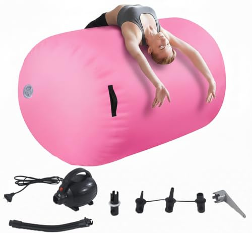 LSBIKE Inflatable Air Roller 60/75/90cm Air Barrel Gymnastics Mat Back Handspring Mat with Electric Air Pump for Home Use Training/Yoga/Water Gymnastics Tumbling Mat w/Purple/Pink/Blue (Pink, 60cm)