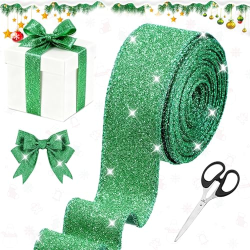 Koxtyzo Ruban de Noël Vert avec Fil Métallique - Ruban Cadeau Brillant avec Paire de Ciseaux - 10 mètres pour Décorations de Sapin, Couronnes et Emballage Cadeau