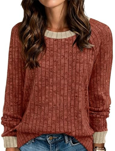 Sukiglam Pulls Femme Manches Longues Col Rond Pullover Automne Hiver Color Block Haut Chic et Elegant Décontractée Top Tricot Côtelé Pull Tunique Chaud Léger Sweatshirt Oversize Blouses