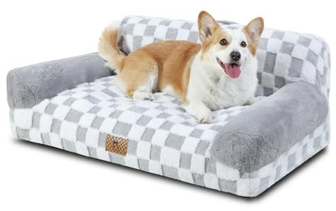 KSIIA Moyen Canapé Panier Chien Dehoussable Lavable 89x56 cm, Lit pour Chien Orthopédique, Panier Chat Moelleux Confortable, Base Antidérapante, Canapé pour Chien avec Accoudoirs et Dossier, Gris