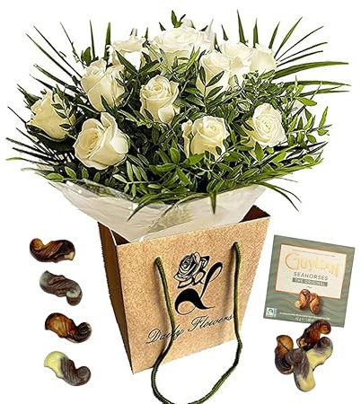 Pure Delight White Roses Bouquet – Fresh Cut Flowers for Birthdays, Anniversaries, Bridal, Get Well, Thank You, Sympathy, Celebrate Occasions – Seasonal Arrangement (Chocolat)