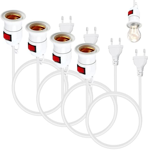 4 stycken lamputtag E27-lamputtag med kabel och strömbrytare, E27-sockel med 5 meter strömkabel och EU-kontakt, för lampupphängning, pendellampor, gör-det-själv-lampor, taklampor, 300 W 220 V, vit