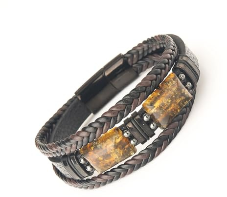 Handgjort armband i läder och baltisk bärnsten för män – elegant förpackning, perfekt present