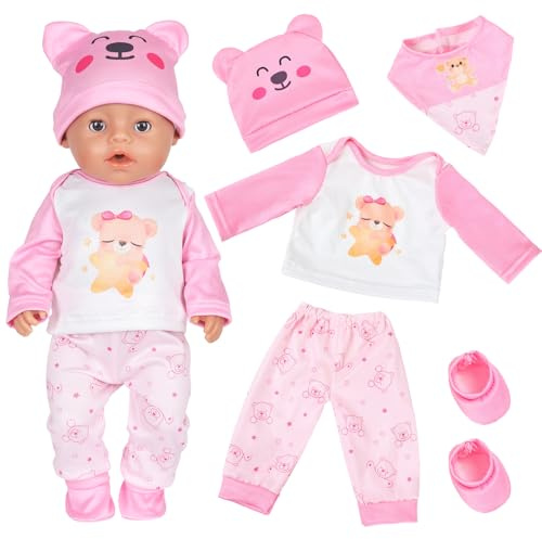 5 Pcs Baby Doll Clothes for 14-18 Inch Baby Doll, Baby New Doll Clothes Outfits 30-43 cm Accessories with 1 Bear-Print Hoodie 1 Sweatpants 1 Bib 1 Hat 1 Socks New Born Baby Dolls Girls Birthday
