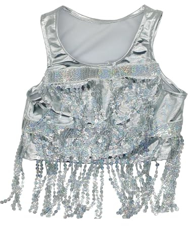 Genérico Camiseta Brillante para Niña - Chaleco con Flecos Brillantes para niñas Disfraz de actuación Ropa de Baile metálica Brillante para niños Atuendo de Fiesta (Silver 3-6 Years)