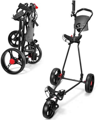 Golf Trolley 3 Wheel Push Cart Adjustable Handle, 20cm Brake Wheels | lightweight folding junior golf trolly, umbrella/cup holder, storage bag. For adults & juniors.