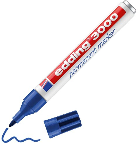 edding 3000 permanent markör – blå – 1 penna – rund spets 1,5–3 mm – snabbtorkande permanent markör – vattentät, fläckbeständig – för kartong, plast, trä, metall – universalmarkör