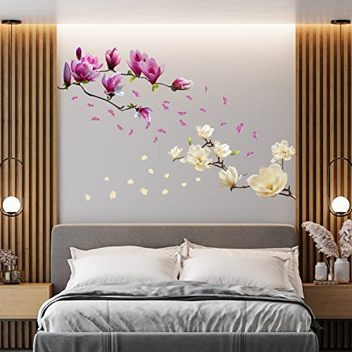 WALPLUS 42x107x0.02cm Wall Stickers Pink&White Magnolia Flowers Mural Art Removable Self-Adhesive Decals Vinyl Home DIY for Living Room Bedroom Office Café Decors Nursury Children Boys Girls Kids