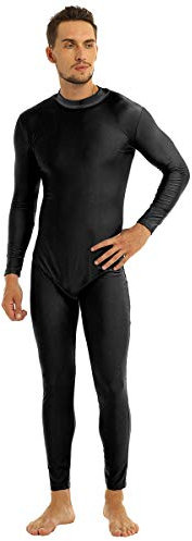 dPois Herren Jumpsuit Lang Overall Langarm Ganzkörperanzug Bodysuit mit Stehkragen Zipper Sport Body Gymnastikanzug Stretch Schwarz X-Large