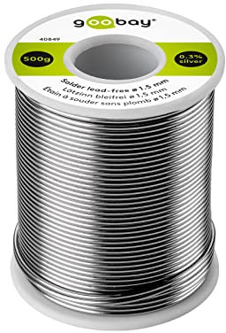 Goobay 40849 - Estaño para soldar sin plomo; ø 1,5 mm, 500 g de soldadura de marca respetuosa con el medio ambiente con un contenido de plata (Ag) de 0,3%