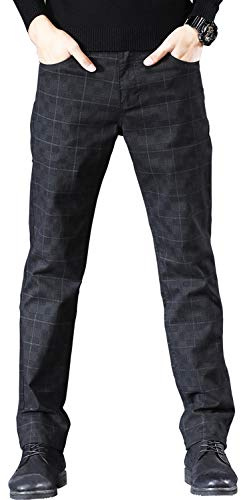 HENGAO Men's Regular Fit Plaid Chino Pants Jeans, Black, 34
