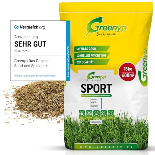 Greenyp® Sport I Gazon de sport et de jeu résistant I 15 kg pour 600 m² I Graines d'herbe de sport Graines de gazon Graines de gazon à germination rapide