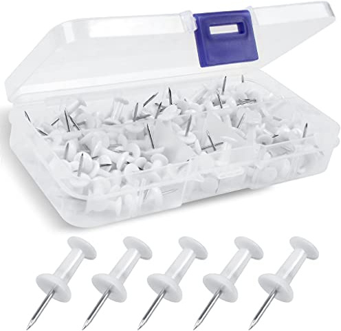YOYUSH Push Pins, 100 Pcs Reusable Drawing Pins with Solid Plastic Storage Box, Rustproof Thumb Tacks for Cork Notice Pinboard Bulletin Board - School & Office Use (White)