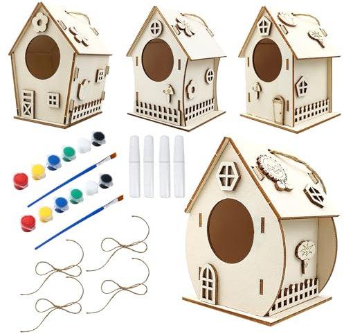 Jortmrd 4 Stück Vogelhaus Bausatz Kinder Vogelhäuschen Holz Vogelhaus Puzzle zum Selber Bauen und Bemalen DIY Bird House Construction Kit mit Farben und Pinsel für Mädchen Jungen