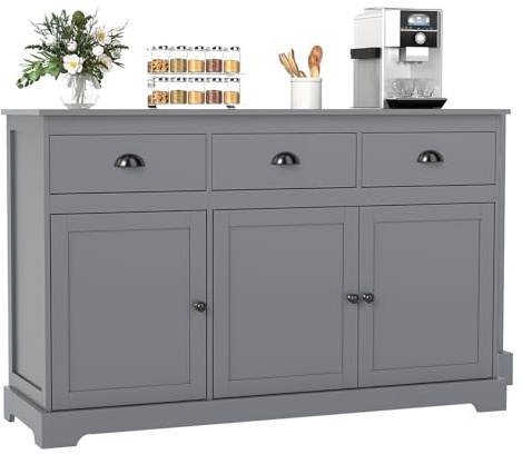 COSTWAY Sideboard Storage Cabinet, Large Kitchen Cupboard with Adjustable Shelf, Drawers and Doors, Wooden Buffet Cabinet Unit for Dining Living Room (136 x 42 x 86cm, Grey)