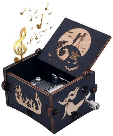 Keast Funny Wooden Hand Crank Music Box, Engraving Nightmare Musical Box Melody Plays This is Halloween Home Decor for Halloween Valentine's Day Christmas