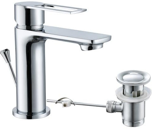 Basin Taps with Pop Up Waste, Modern Basin Mixer Tap Bathroom Sink Taps Mono Single Lever Bathroom Tap with Drain and Hot and Cold Supply Hoses