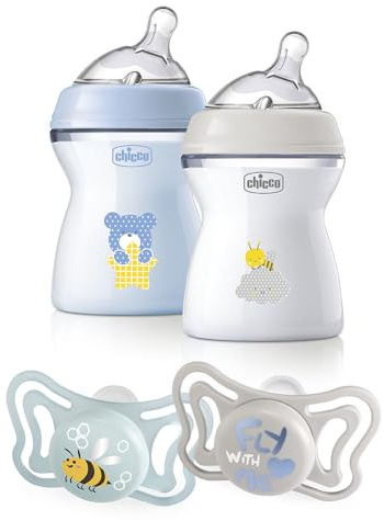 Chicco Set 2 Biberons NF 250 ml et 2 Sucettes Léger 2-6 Mois, Biberon avec Tétine en Silicone Souple et Flexible, Sucette avec Tétine en Silicone, Idée Cadeau, Couleurs Assorties