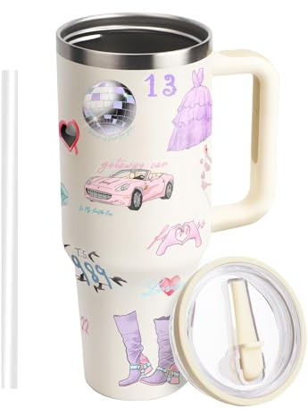 WALLFID 40 oz Thermobecher mit Strohhalm,wiederverwendbarer Kaffee Thermobecher aus Edelstahl mit Griff und süßem Muster,großer Kapazitätsbecher für Jugendliche und Fans