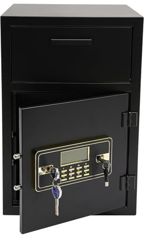 Caja fuerte segura, 37 L, ignífuga para el hogar, con 4 llaves y caja de batería de repuesto, sistema de alarma inteligente, medicamentos en efectivo, 35,2 x 35,2 x 55 cm