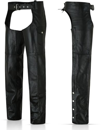 FOXKULL Schwarze Lederchaps für Herren, Motorrad, Biker, Kuhhaut, Vollnarbenleder, strapazierfähiges Leder, Schwarz, 112 cm