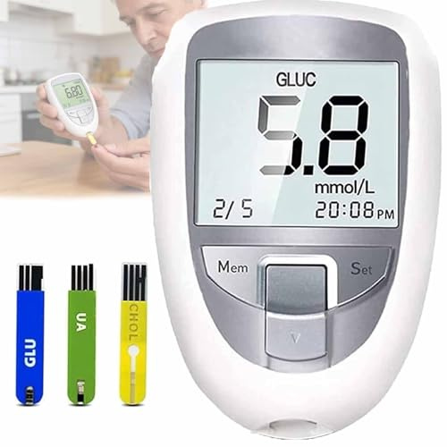 Multi-Function Tester Glucose Monitor Kit, Glucose Uric Acid Total Cholesterol Tester med intelligent display, Lätt att använda och snabbt effektivt, Lagra 460 poster och minska tiden