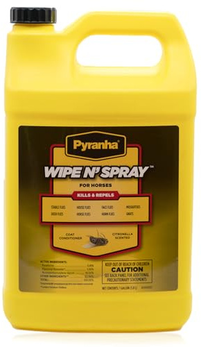 PYRANHA Wipe N' Spray for Horses - Oil-Based Long Lasting Fly Control Repels Horn, Deer, Horse, House, Stable, & Face Flies, Ticks, Mites, Mosquitoes, Gnats & Lice, 1 Gallon