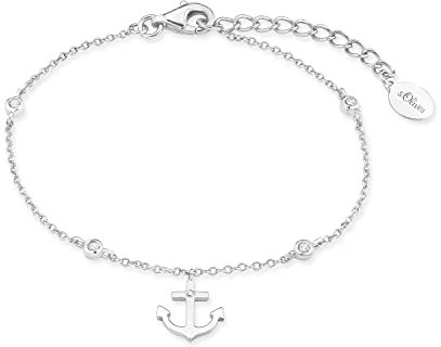 s.Oliver SO PURE Armband für Damen mit Anker Anhänger, Zirkonia / 925 Sterling Silber, Rhodiniert, Länge: 16-19 cm